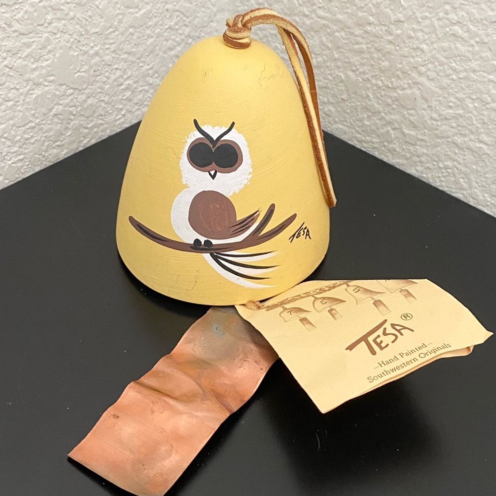 Vintage TESA Handpainted Southwestern Owl Design Windbell Pottery Bell NOS